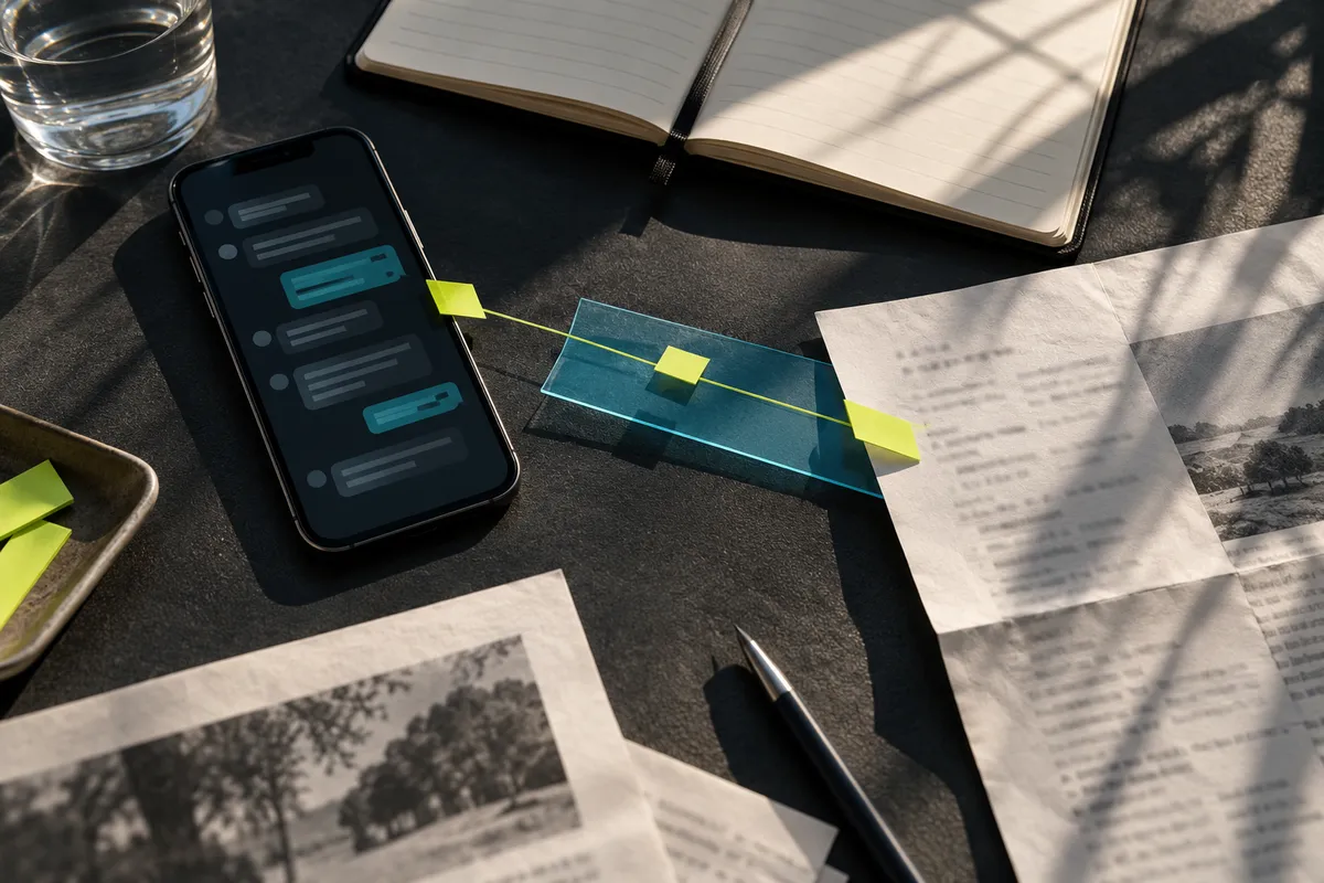 Mesa ilustrativa com telefone, documentos, vidro azul e marcadores verde-lima