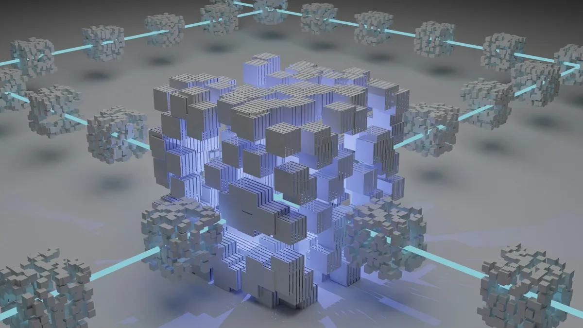 Ilustração tridimensional de blocos conectados por linhas luminosas
