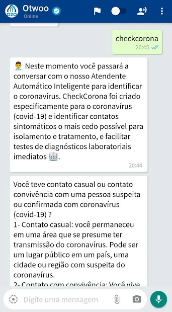 CheckCorona: início da conversa em português.