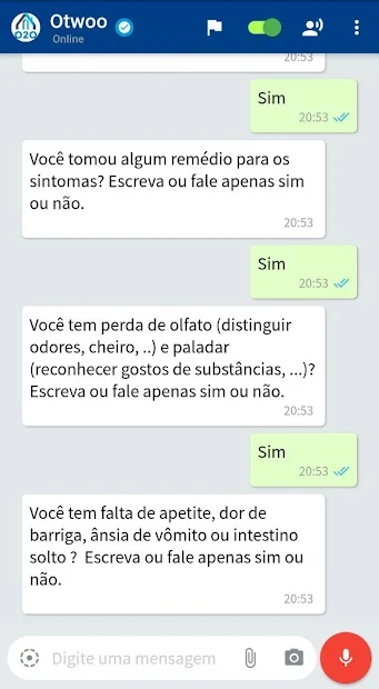 Perguntas do fluxo histórico CheckCorona.