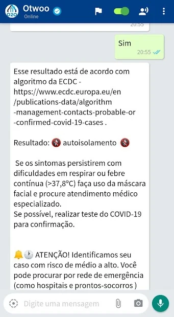 Resposta do fluxo de 2020; não é orientação médica atual.