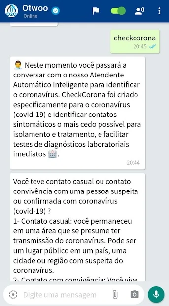 Abertura do CheckCorona com controle de voz ativado.