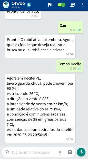 Consulta do tempo em Recife, datada de 23 de junho de 2020.
